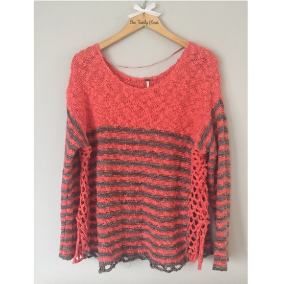 Free People Sweaters - Free People Chunky Cable Knit Sweater-Coral&Gray